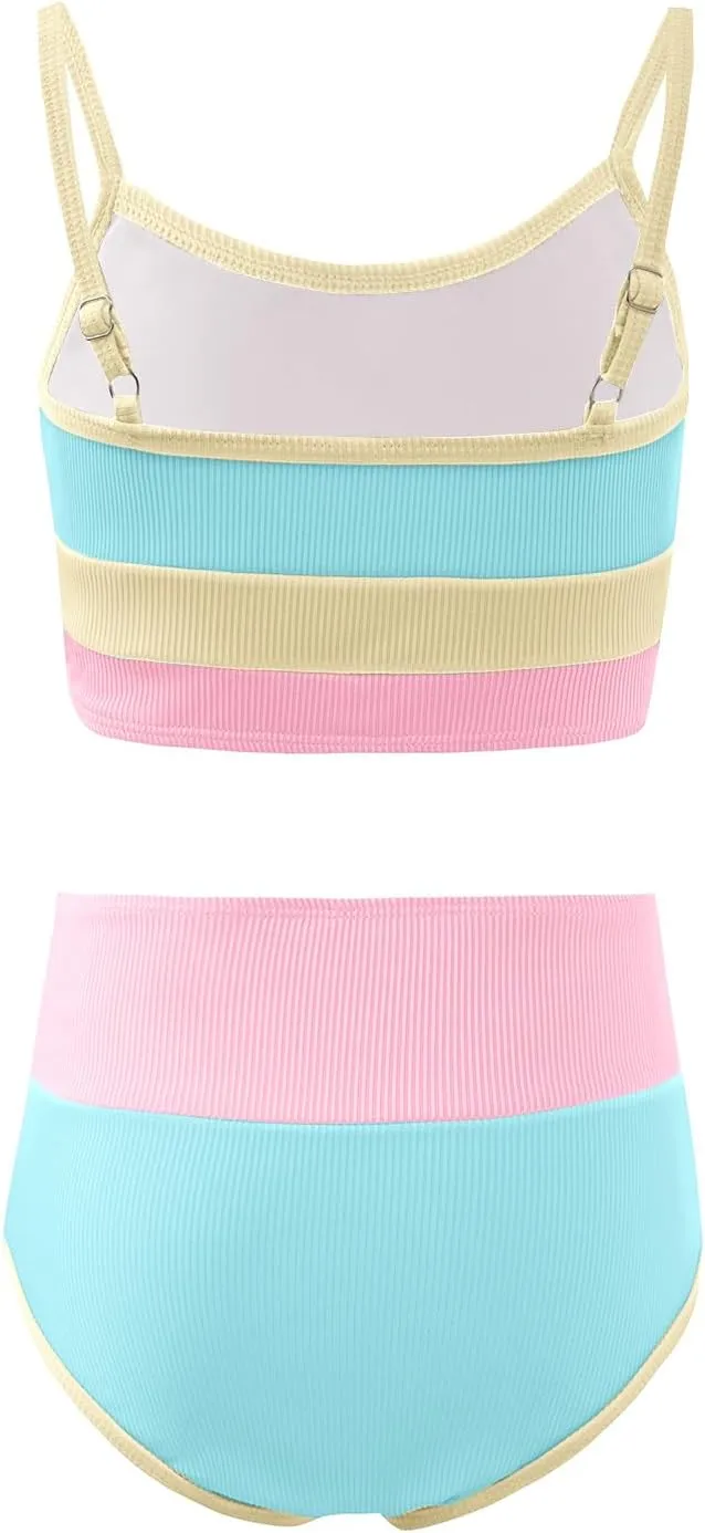 Haloumoning Girls Swimsuits Bikini Set Adjustable Straps Two Piece Color Block Girls' Swimwear with Chest Pad 5-14 Years
