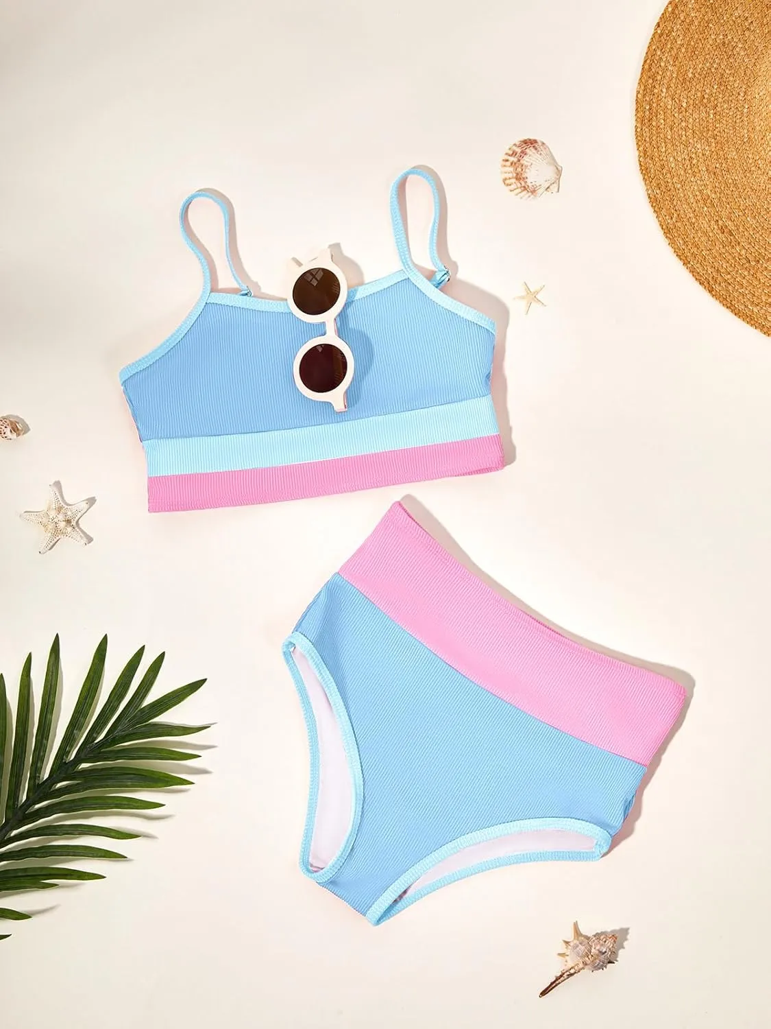 Haloumoning Girls Swimsuits Bikini Set Adjustable Straps Two Piece Color Block Girls' Swimwear with Chest Pad 5-14 Years