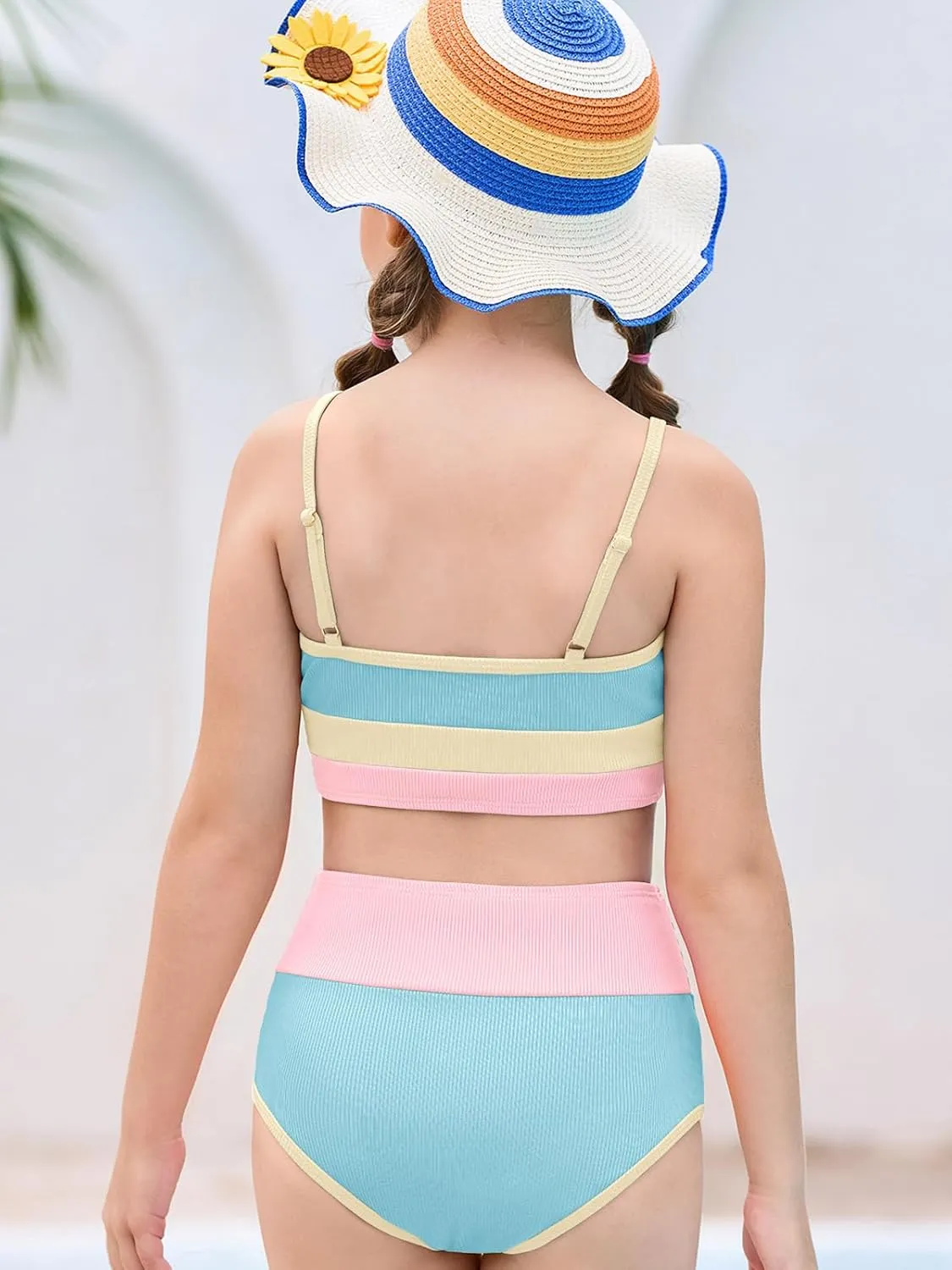 Haloumoning Girls Swimsuits Bikini Set Adjustable Straps Two Piece Color Block Girls' Swimwear with Chest Pad 5-14 Years