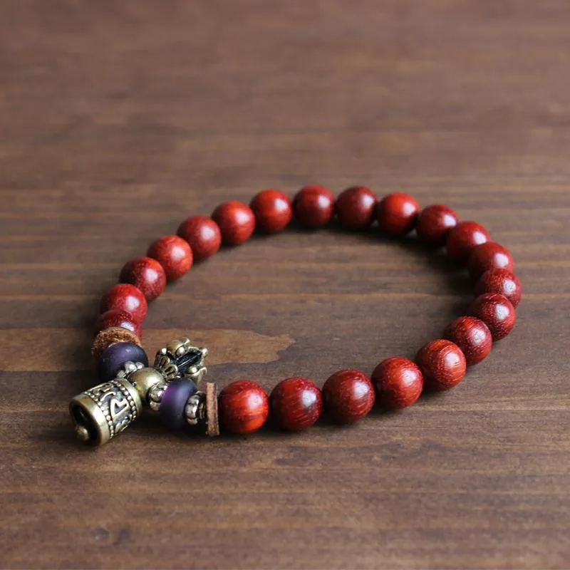 Hand-Carved Copper Vajra &amp Bell Natural Red Sandalwood Bracelet