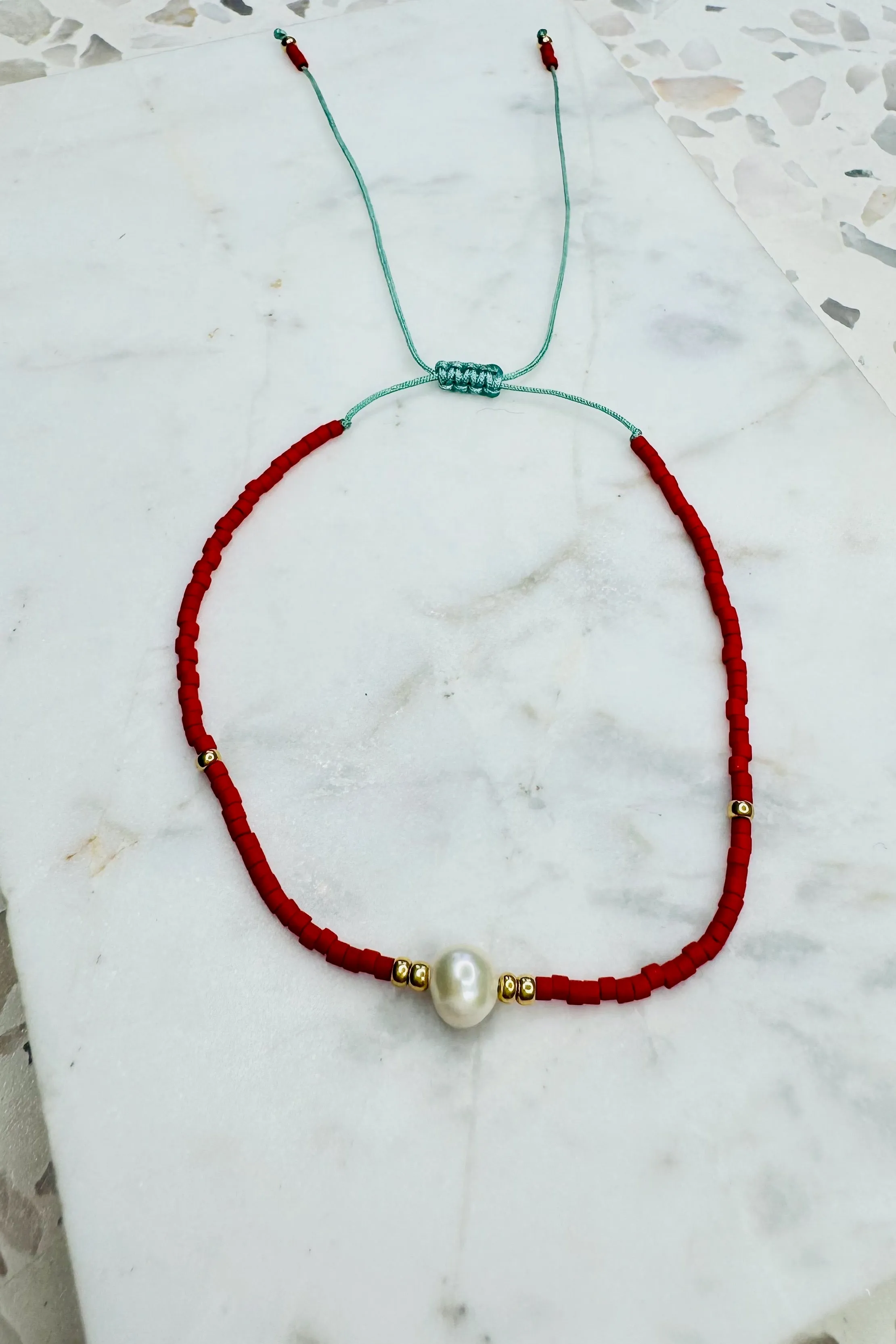 Handmade Freshwater Pearl Bracelet - Red/White