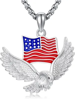 Independence Day Necklace Women's 925 Sterling Sliver Patriot Necklace USA Flag Pendant for Women Men 4th of July Jewelry