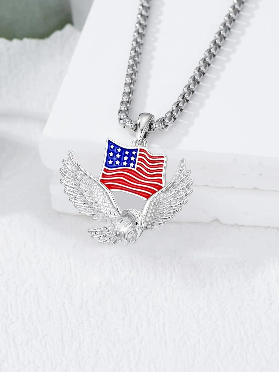 Independence Day Necklace Women's 925 Sterling Sliver Patriot Necklace USA Flag Pendant for Women Men 4th of July Jewelry