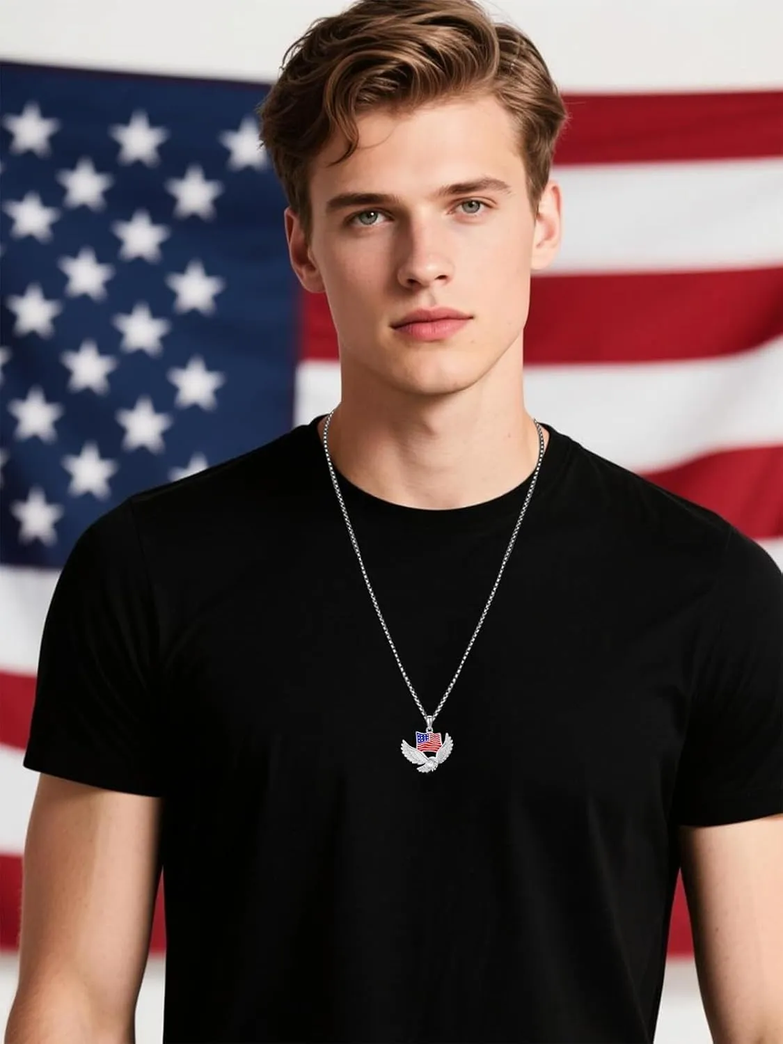 Independence Day Necklace Women's 925 Sterling Sliver Patriot Necklace USA Flag Pendant for Women Men 4th of July Jewelry