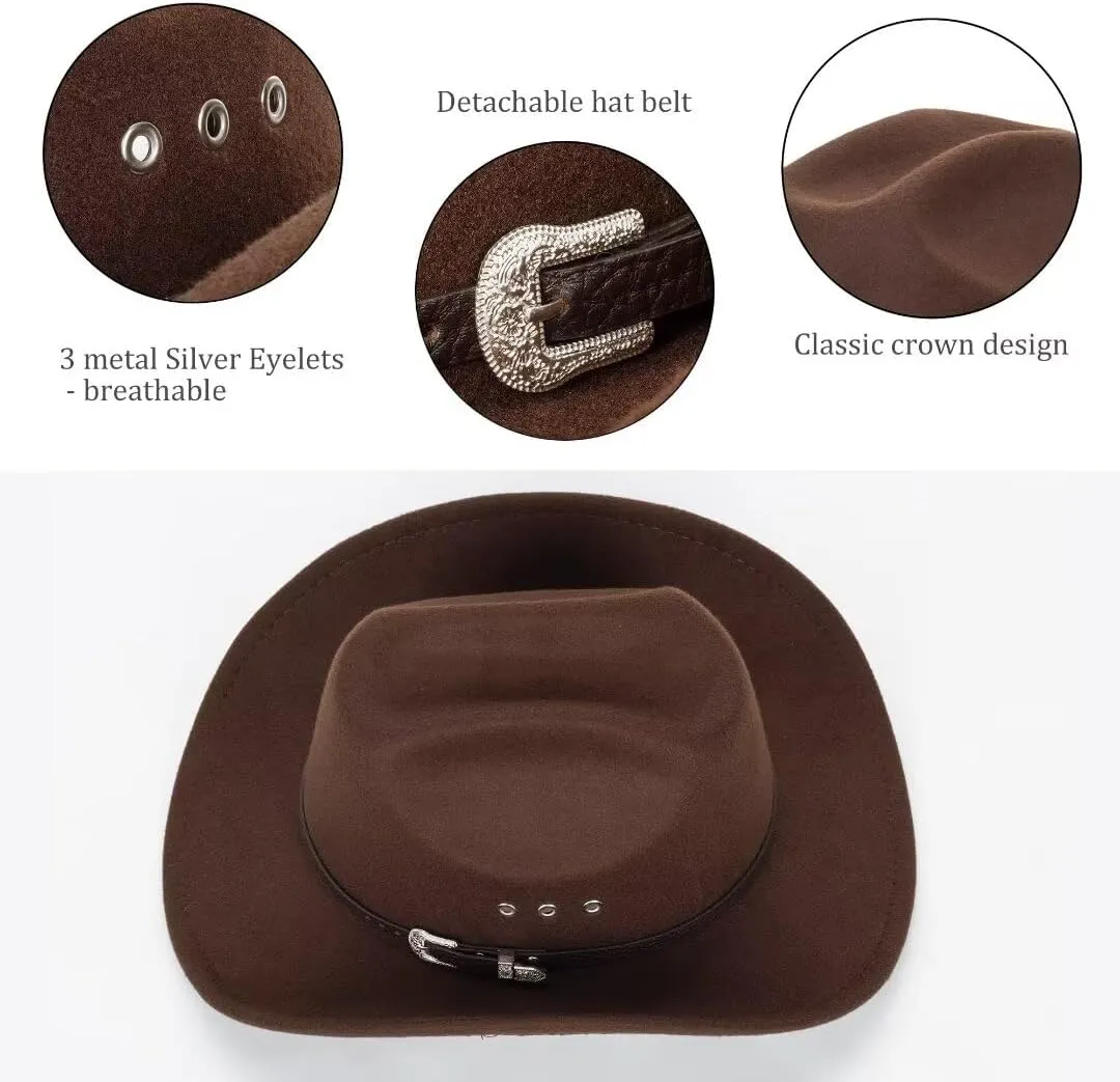 IZUS Men Longhorn-Bull Western Cowboy-Hat Classic Cowgirl-Hat Roll-Up-Brim Felt-Cap for Women Medium