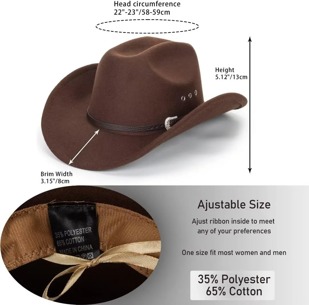 IZUS Men Longhorn-Bull Western Cowboy-Hat Classic Cowgirl-Hat Roll-Up-Brim Felt-Cap for Women Medium