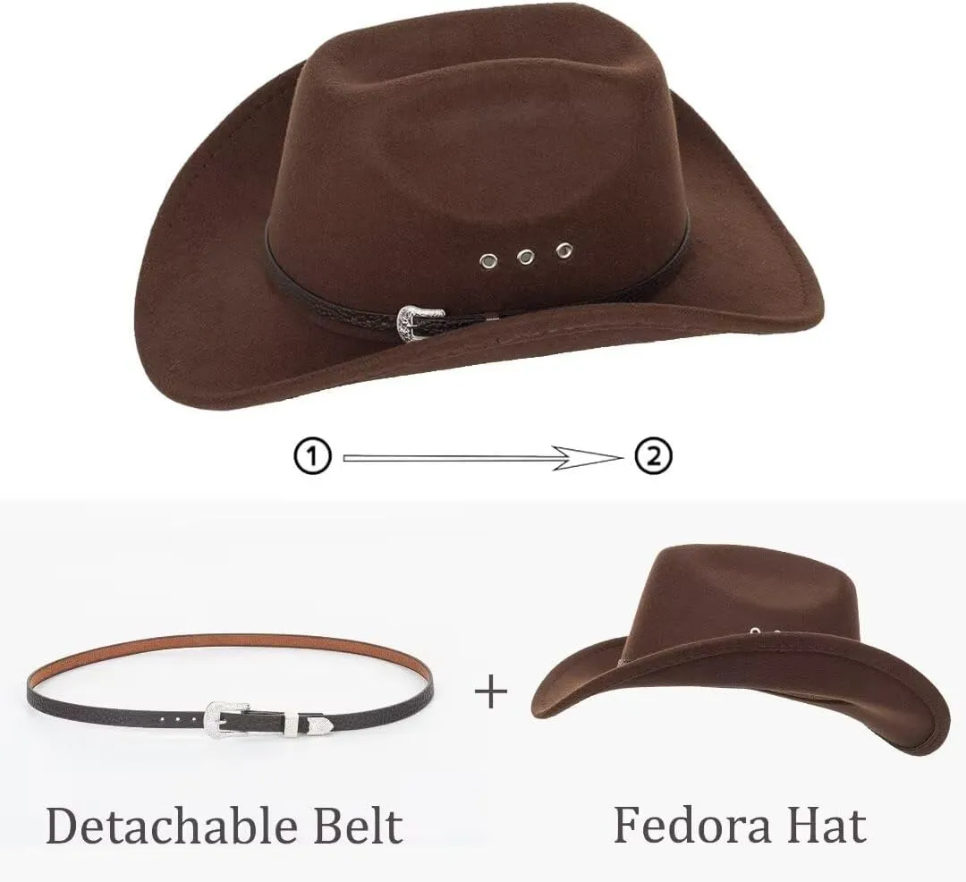 IZUS Men Longhorn-Bull Western Cowboy-Hat Classic Cowgirl-Hat Roll-Up-Brim Felt-Cap for Women Medium