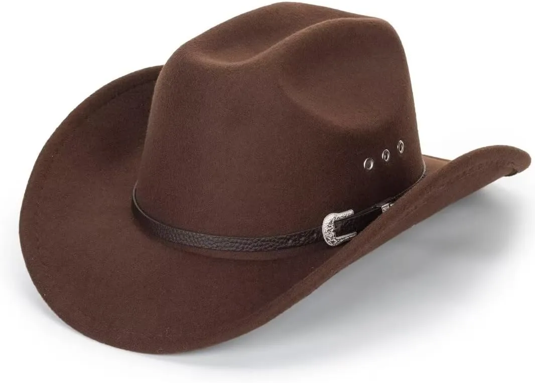 IZUS Men Longhorn-Bull Western Cowboy-Hat Classic Cowgirl-Hat Roll-Up-Brim Felt-Cap for Women Medium