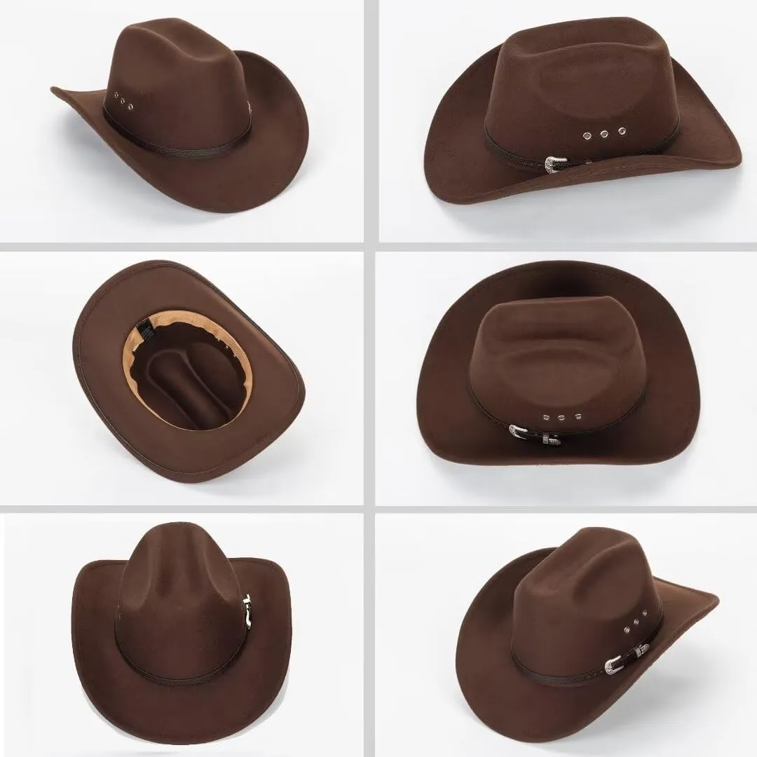 IZUS Men Longhorn-Bull Western Cowboy-Hat Classic Cowgirl-Hat Roll-Up-Brim Felt-Cap for Women Medium