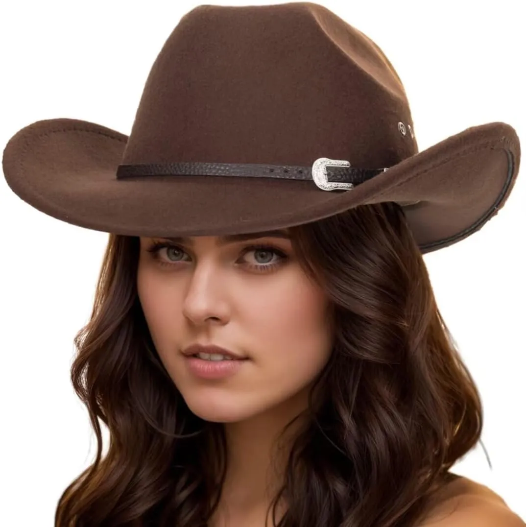 IZUS Men Longhorn-Bull Western Cowboy-Hat Classic Cowgirl-Hat Roll-Up-Brim Felt-Cap for Women Medium
