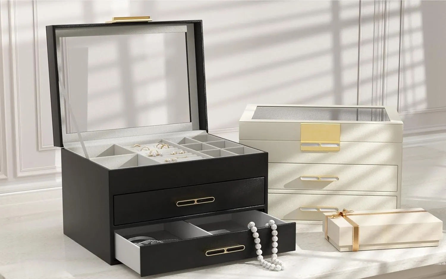 Jewelry Organizer with Glass Lid, 3-Layer Jewelry Box, 2 Drawers, for Big and Small Jewelry, Earrings, Rings, Necklaces - Ideal Gift for Women, Midnight Black (Model A2307BK)