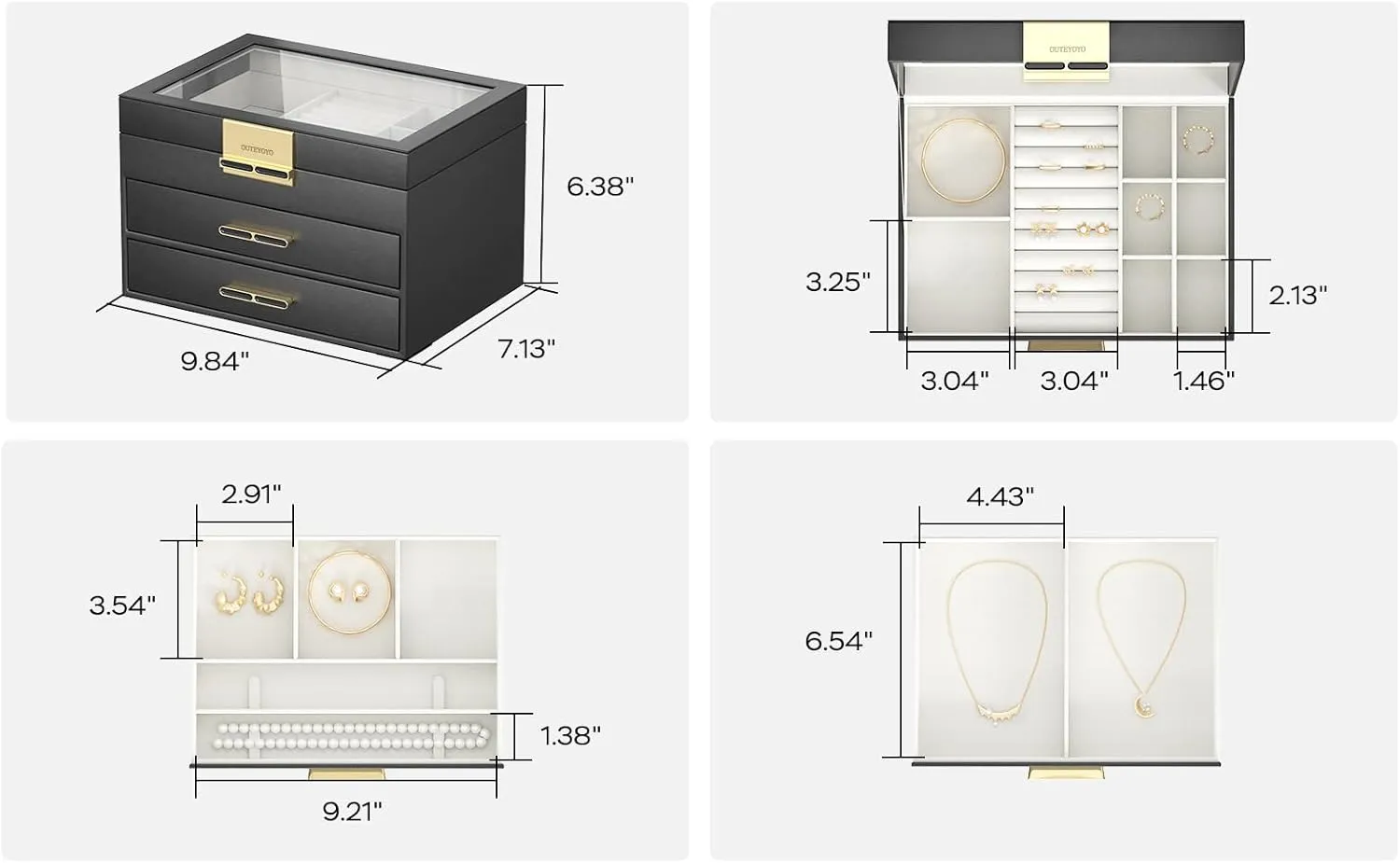 Jewelry Organizer with Glass Lid, 3-Layer Jewelry Box, 2 Drawers, for Big and Small Jewelry, Earrings, Rings, Necklaces - Ideal Gift for Women, Midnight Black (Model A2307BK)