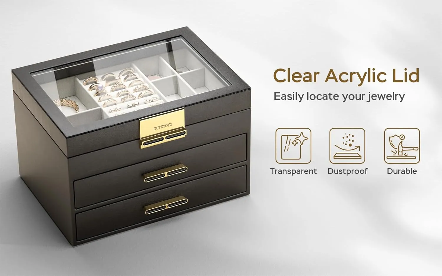 Jewelry Organizer with Glass Lid, 3-Layer Jewelry Box, 2 Drawers, for Big and Small Jewelry, Earrings, Rings, Necklaces - Ideal Gift for Women, Midnight Black (Model A2307BK)