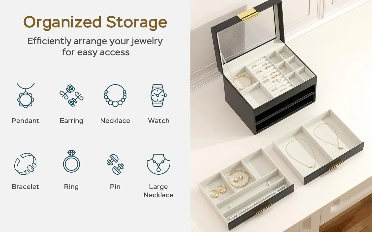 Jewelry Organizer with Glass Lid, 3-Layer Jewelry Box, 2 Drawers, for Big and Small Jewelry, Earrings, Rings, Necklaces - Ideal Gift for Women, Midnight Black (Model A2307BK)