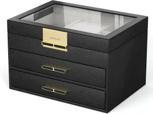 Jewelry Organizer with Glass Lid, 3-Layer Jewelry Box, 2 Drawers, for Big and Small Jewelry, Earrings, Rings, Necklaces - Ideal Gift for Women, Midnight Black (Model A2307BK)