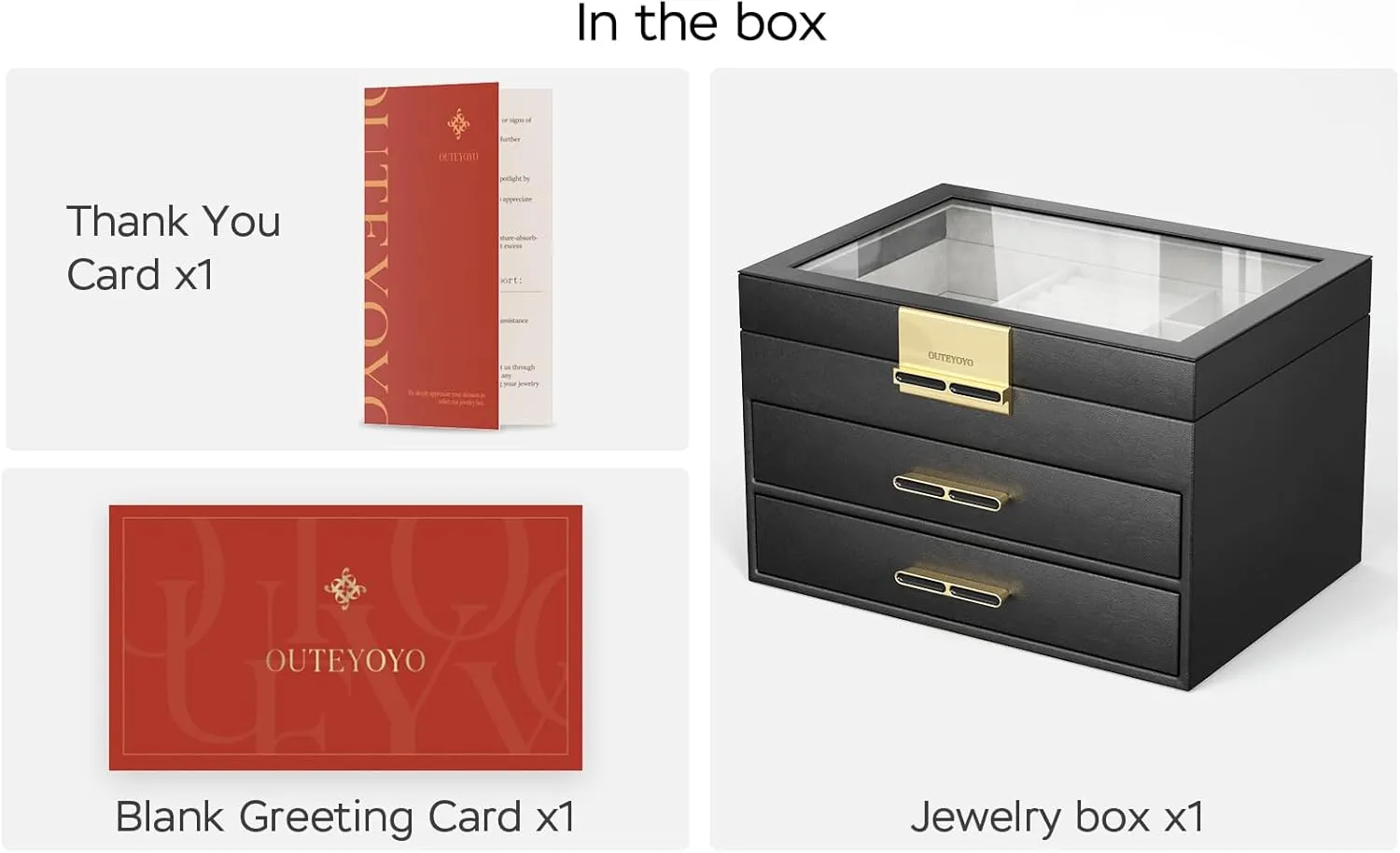 Jewelry Organizer with Glass Lid, 3-Layer Jewelry Box, 2 Drawers, for Big and Small Jewelry, Earrings, Rings, Necklaces - Ideal Gift for Women, Midnight Black (Model A2307BK)