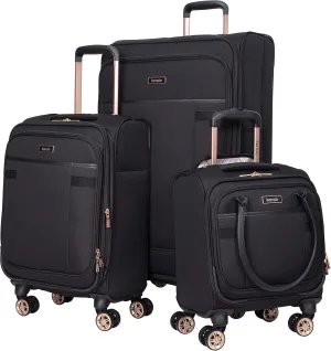 kensie Hudson Softside Spinner Luggage, Black with Rose Gold, 3-Piece Set (16/20/28)