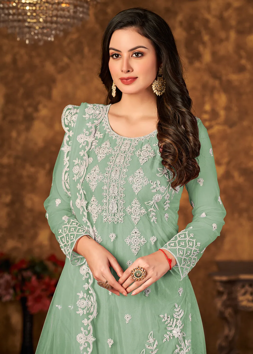 Lovely Sea Green Cording Embroidered Net Palazzo Suit