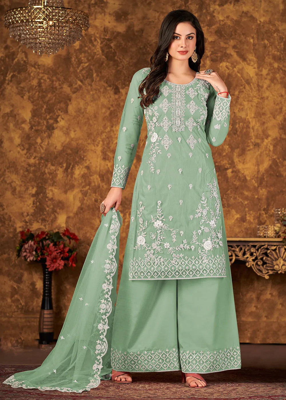 Lovely Sea Green Cording Embroidered Net Palazzo Suit