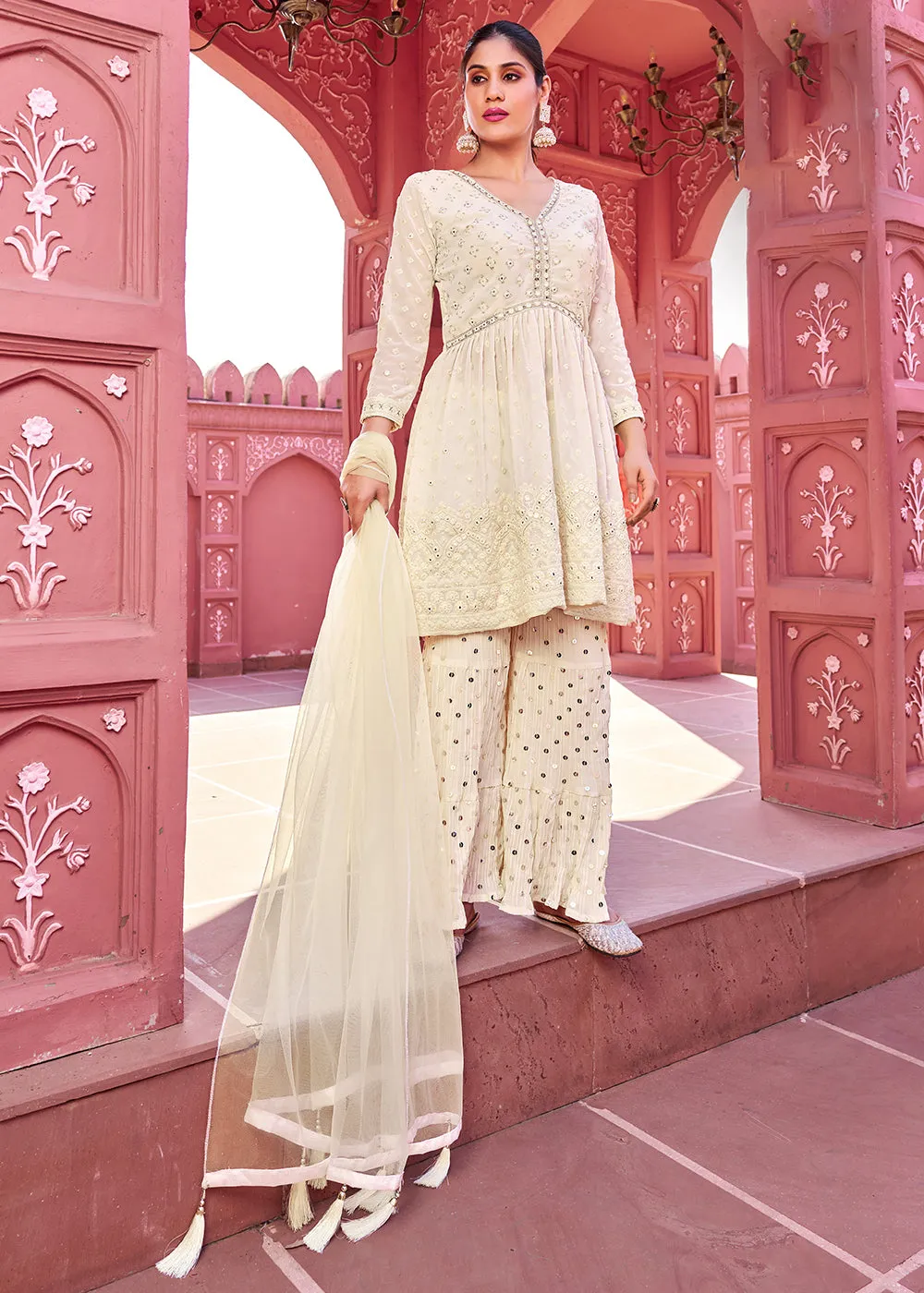 Majestic Off White Embroidered Eid Style Palazzo Suit