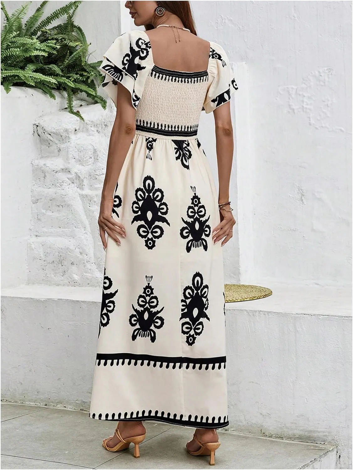 MakeMeChic Women's Floral Print Layered Short Sleeve Square Neck Ruffle High Waist A Line Summer Long Dress