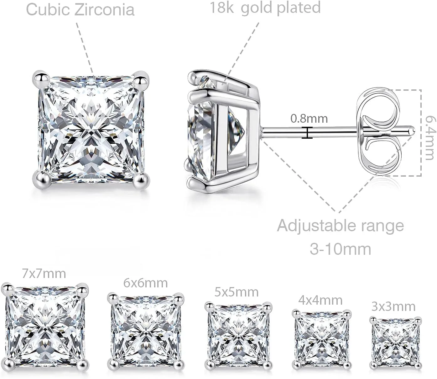 MDFUN 18K White Gold/Yellow Gold/Rose Gold Plated Princess Cut Square Clear Cubic Zirconia Stud Earring Pack of 5 Pairs