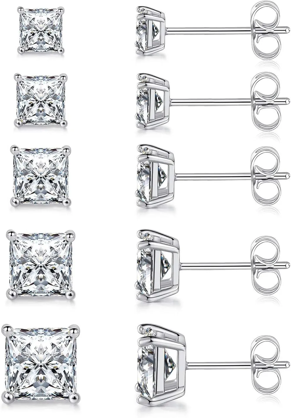 MDFUN 18K White Gold/Yellow Gold/Rose Gold Plated Princess Cut Square Clear Cubic Zirconia Stud Earring Pack of 5 Pairs