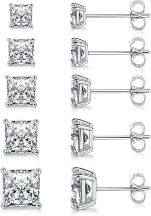 MDFUN 18K White Gold/Yellow Gold/Rose Gold Plated Princess Cut Square Clear Cubic Zirconia Stud Earring Pack of 5 Pairs