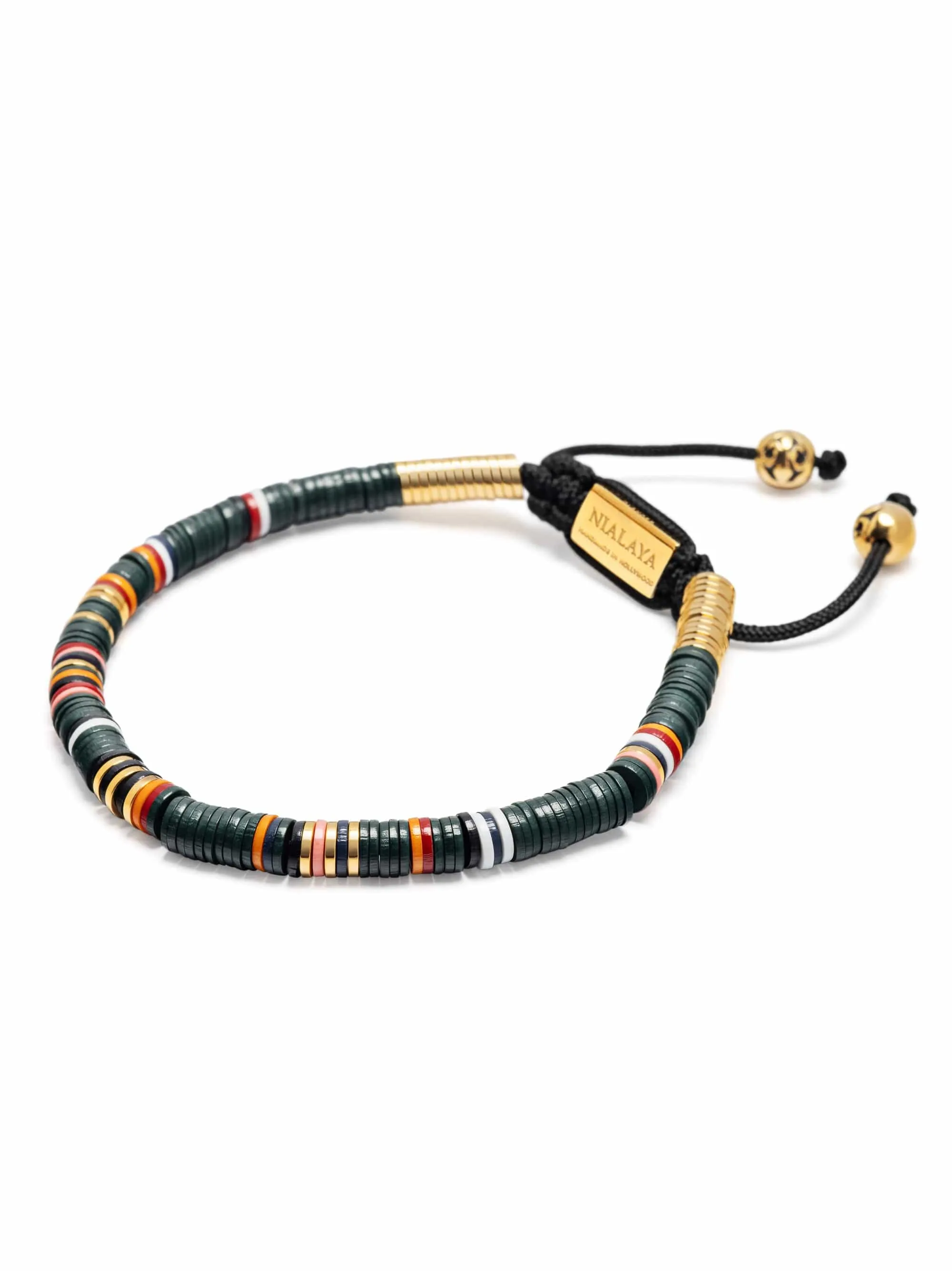 Men's Beaded Bracelet with Dark Green and Gold Disc Beads