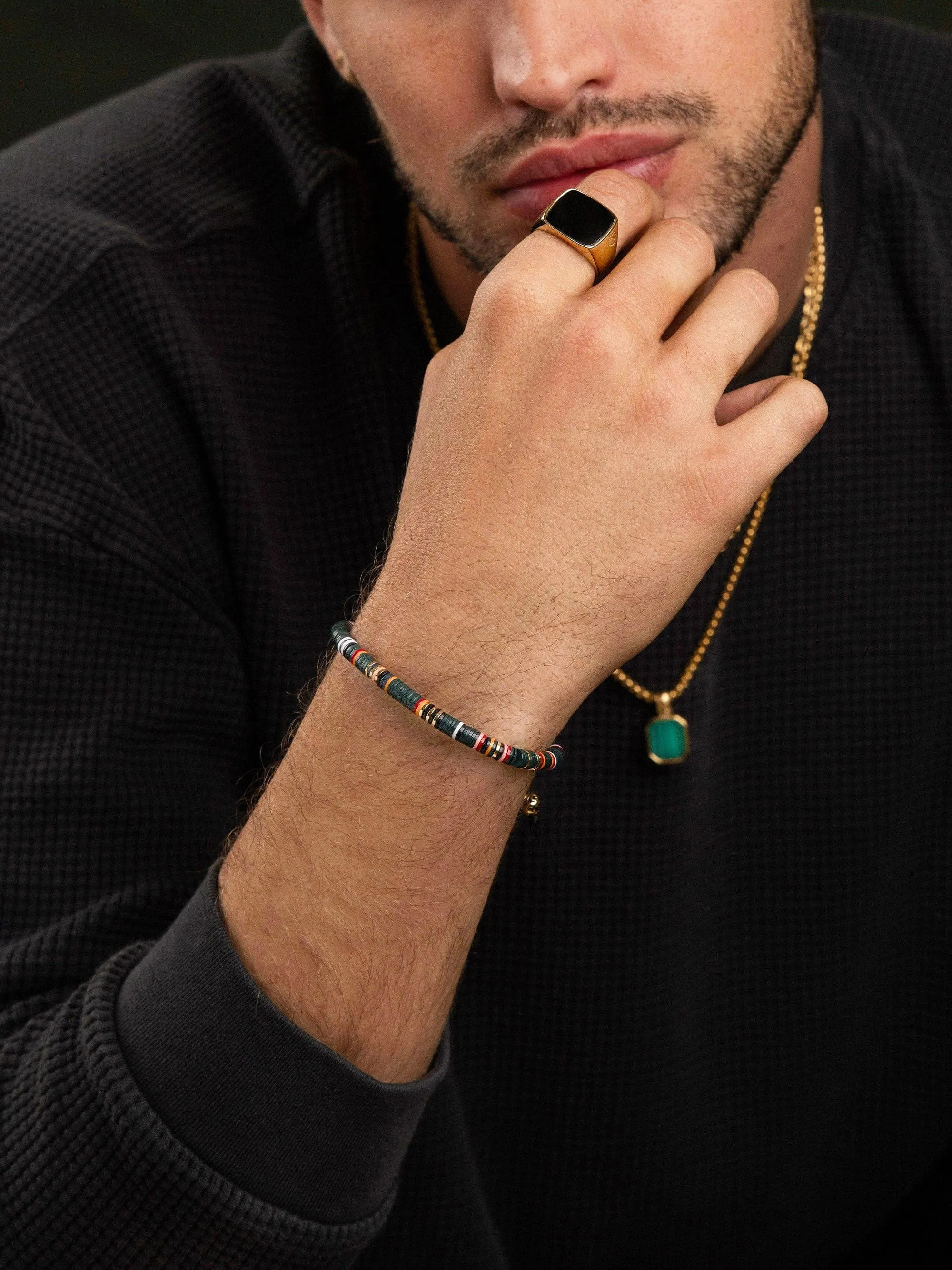 Men's Beaded Bracelet with Dark Green and Gold Disc Beads