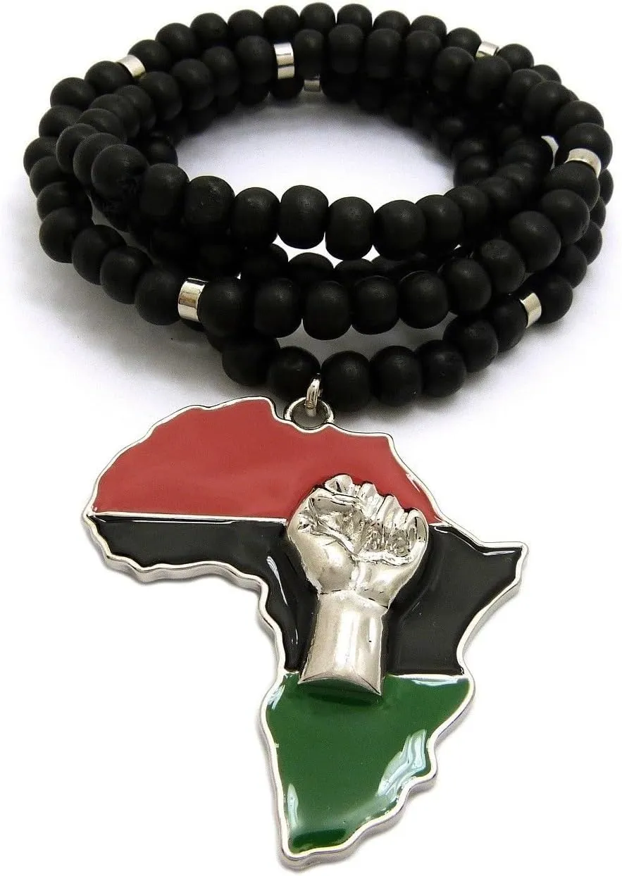 Mens Large Fist Power in Africa Map Shape Pendant Moon Cut Gold Bead, Black Wood Bead Chain Necklace