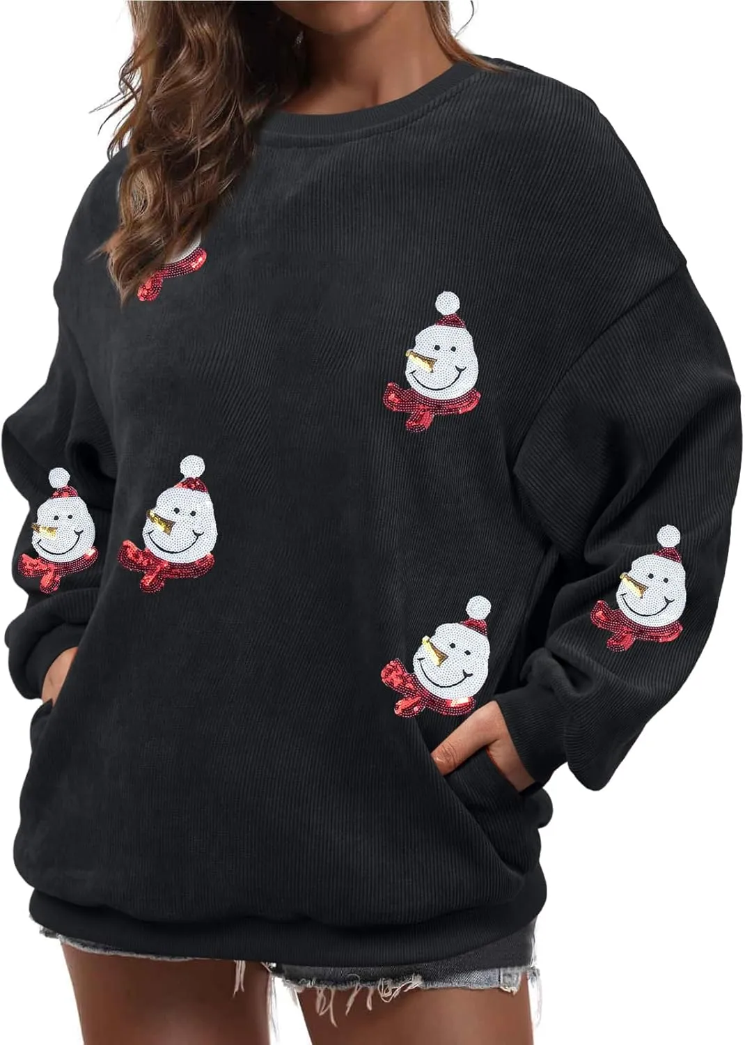 Merry Christmas Sweatshirt Women Christmas Sequin Tops Hoodie Christmas Party Pullover with Pockets