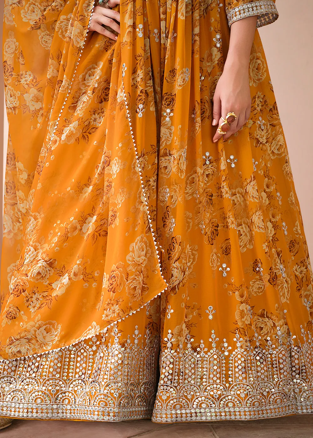 Mustard Floral Digital Printed & Embroidered Festive Anarkali Gown