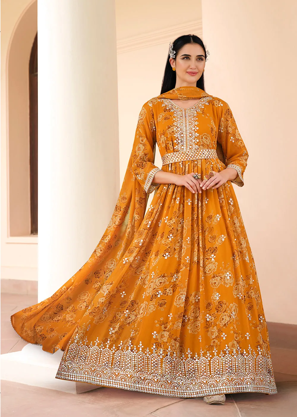 Mustard Floral Digital Printed & Embroidered Festive Anarkali Gown