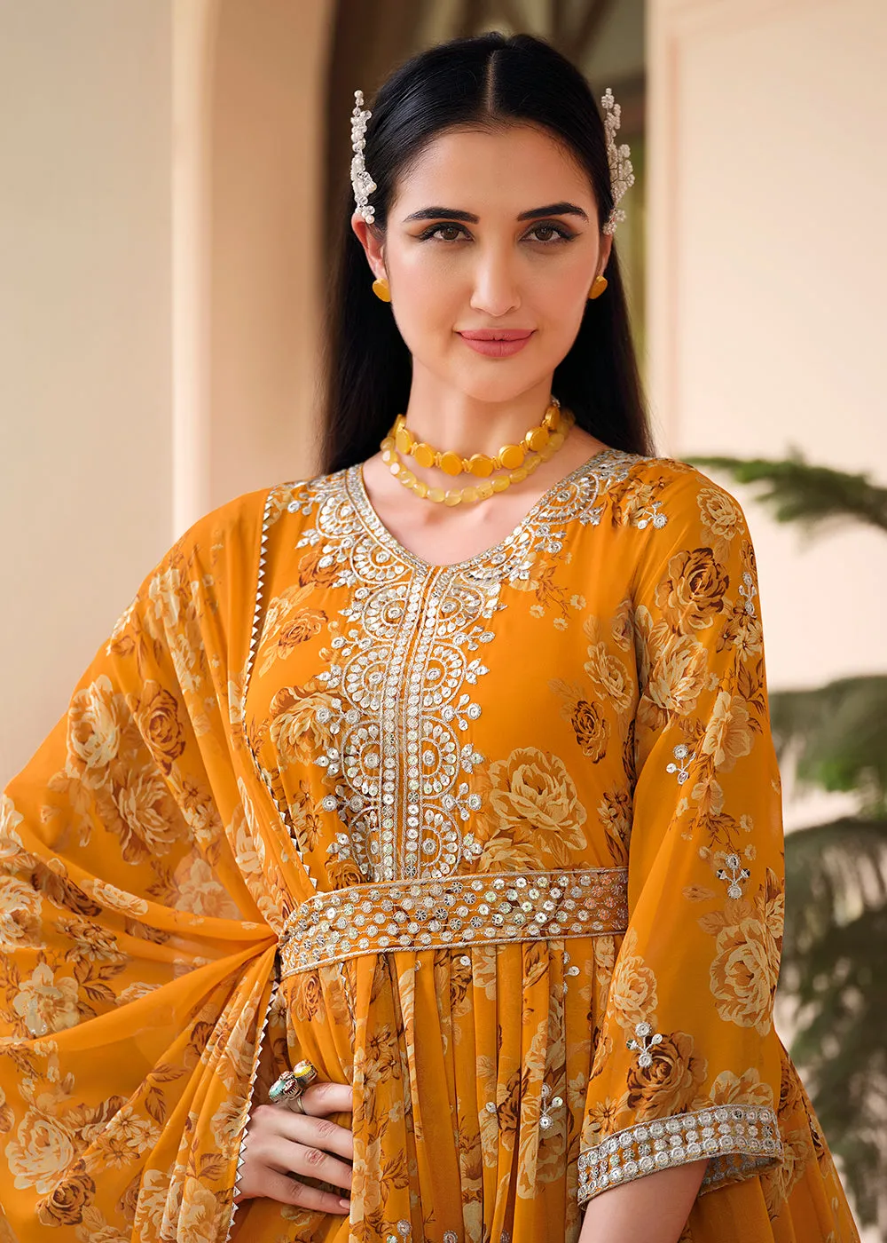Mustard Floral Digital Printed & Embroidered Festive Anarkali Gown