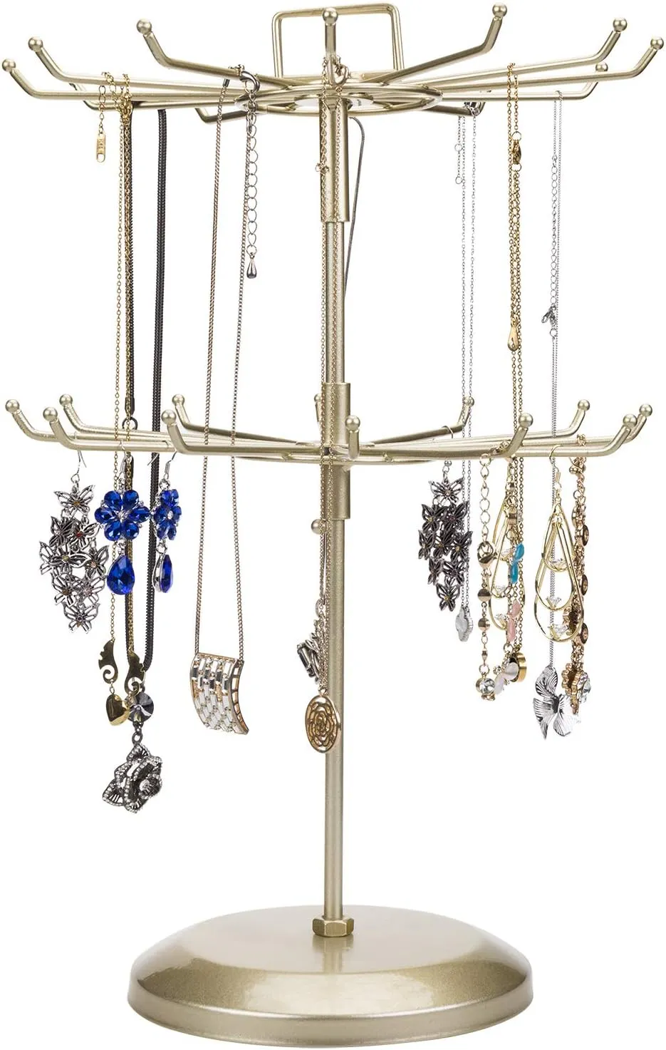 MyGift 2 Tier Brass-Tone Metal Rotating Necklace and Bracelet Organizer Jewelry Stand with 24 Hooks, Multipurpose Accessory and Keychain Spinning Display Rack with Top Handle Card Holder