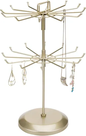 MyGift 2 Tier Brass-Tone Metal Rotating Necklace and Bracelet Organizer Jewelry Stand with 24 Hooks, Multipurpose Accessory and Keychain Spinning Display Rack with Top Handle Card Holder