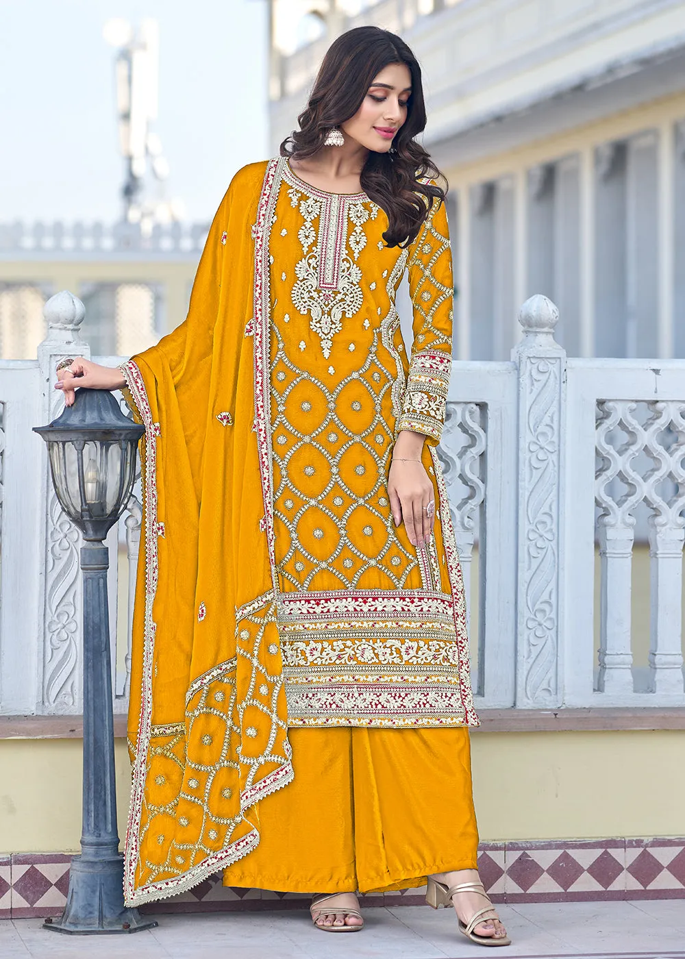 Palazzo Style Yellow Chinnon Embroidered Salwar Suit