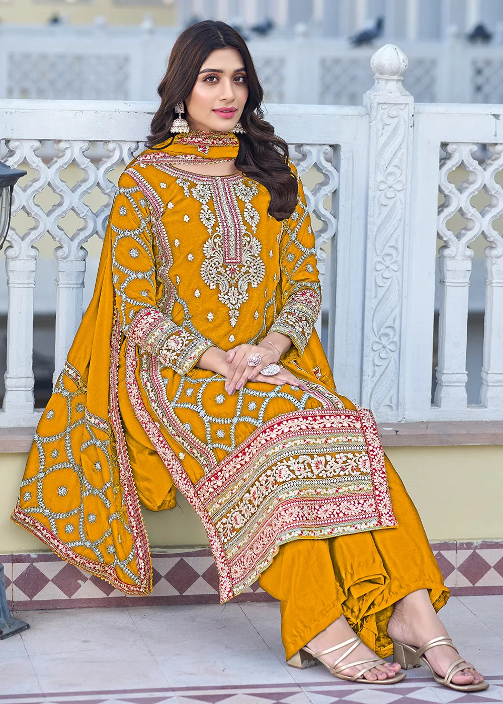 Palazzo Style Yellow Chinnon Embroidered Salwar Suit