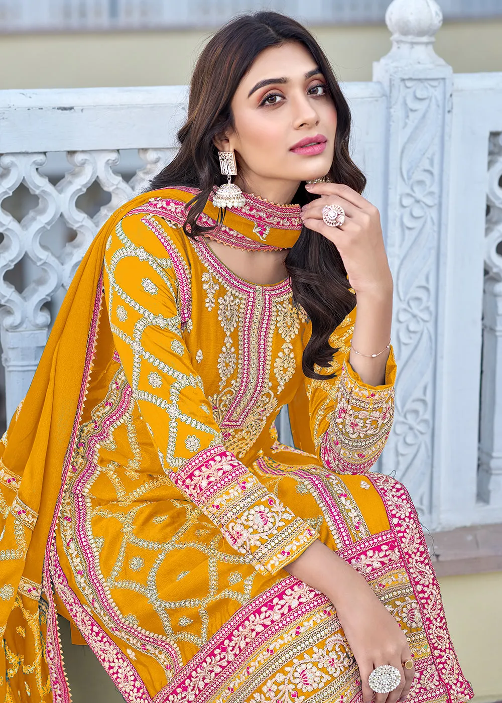 Palazzo Style Yellow Chinnon Embroidered Salwar Suit