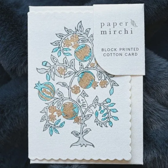 Paper Mirchi Card Hand Block Printed Anaar Turquoise
