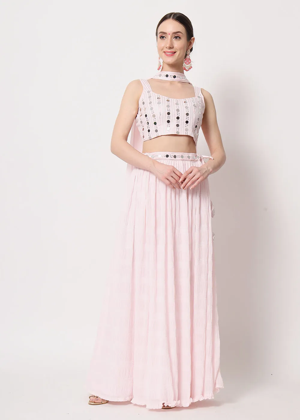 Party Wear Elegant Baby Pink Georgette Crushed Lehenga Choli