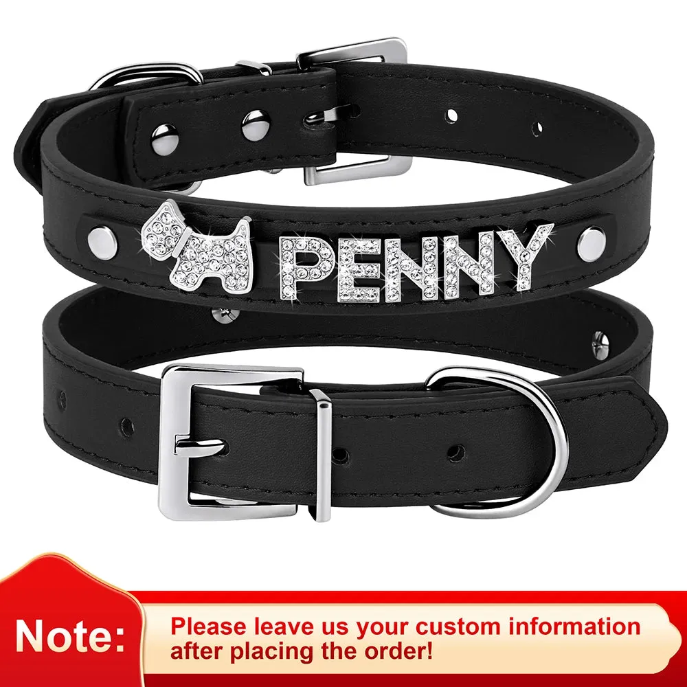 Personalized Leather Dog Puppy Collar Leash Set Bling Rhinestone Free Name Charms Collars For Small Medium Dogs Custom Necklace