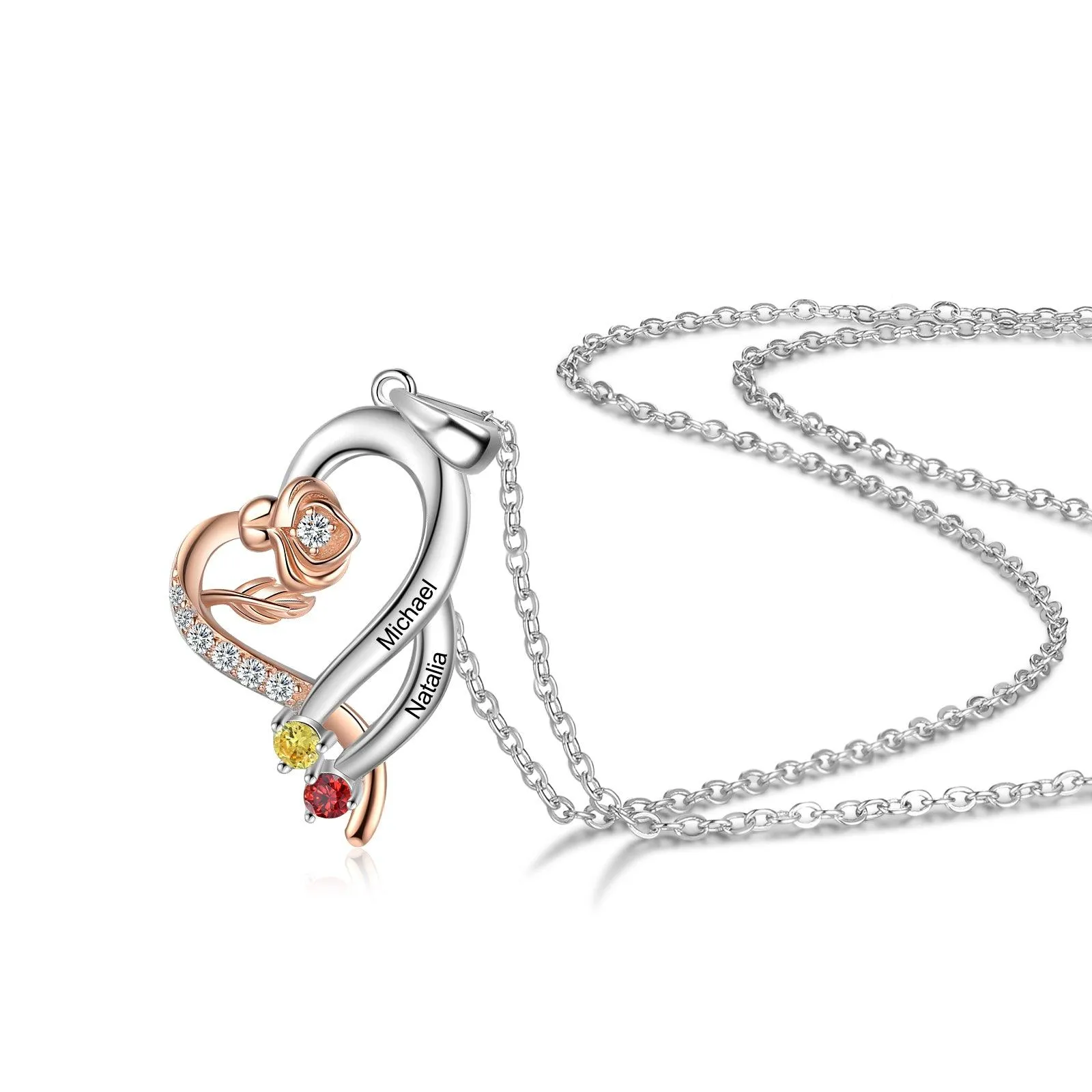 Personalized Sterling Rose Necklace - 1 Custom Name 2 Birthstones