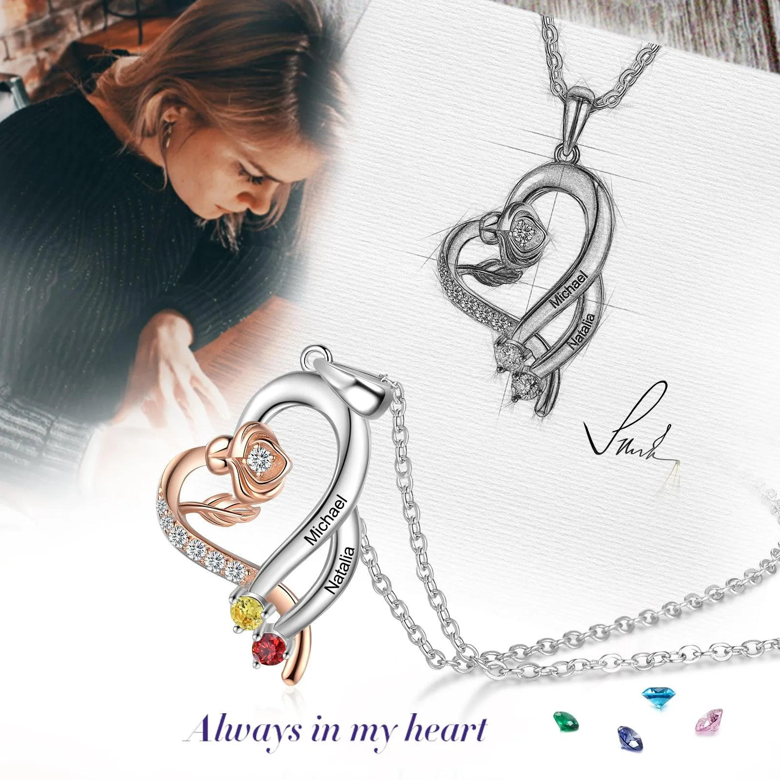 Personalized Sterling Rose Necklace - 1 Custom Name 2 Birthstones