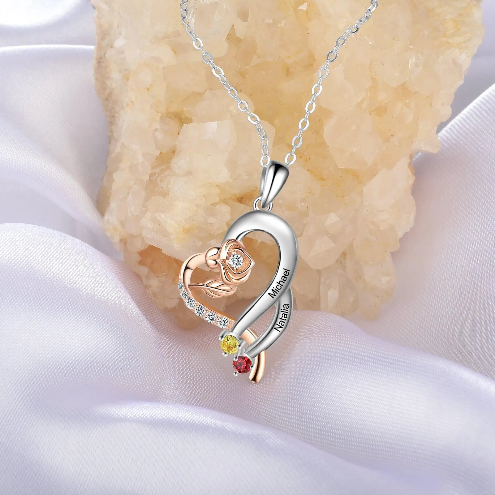 Personalized Sterling Rose Necklace - 1 Custom Name 2 Birthstones