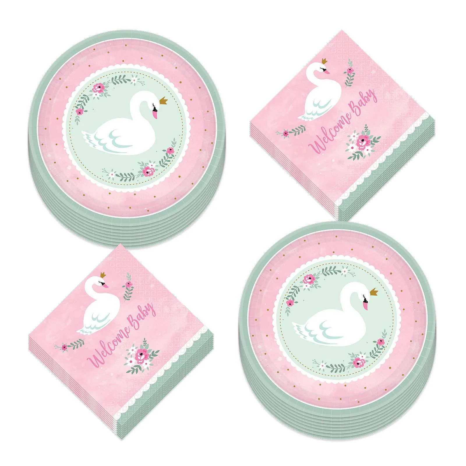 Pretty Pale Pink Swan Paper Dessert Plates and Beverage Napkins (Serves 16)