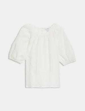 Pure Cotton Broderie Puff Sleeve Blouse