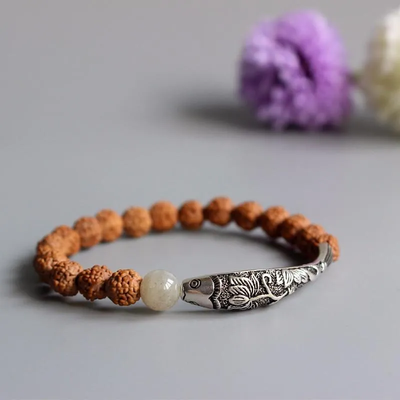 Rudraksha Seeds Thai Silver Lucky Fish Bracelet
