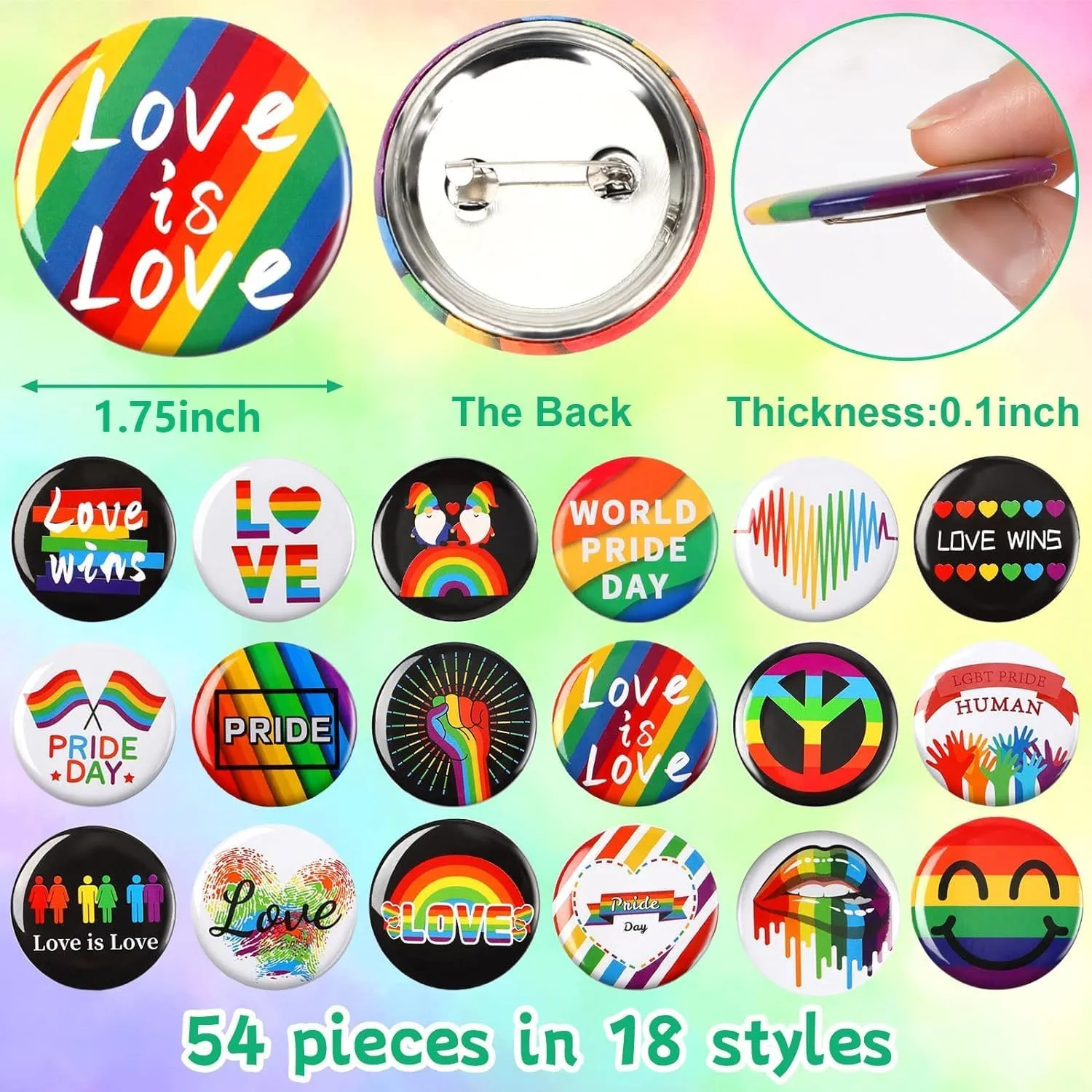 SEPGLITTER Pride Rainbow LGBTQ Buttons - 54pcs Bulk Badges for Parades, Month Celebrations, Gay LGBT Party Favors, Supplies, Decorations, and Accessories